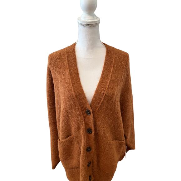 RE/DONE 90s V Neck Oversized Alpaca Cardigan Sweater Camel Shag M - Picture 2 of 10